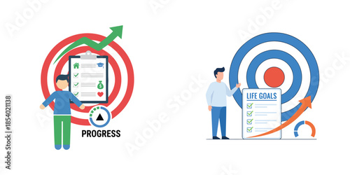 a person standing in front of a target board. Vector, minimalist, illustration, icon set.