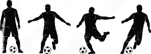 Professional soccer player silhouettes set with athletes kicking and dribbling footballs in various action poses for sports design