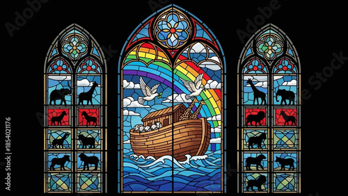 Vibrant stained glass window depicting Noah's Ark with rainbow
