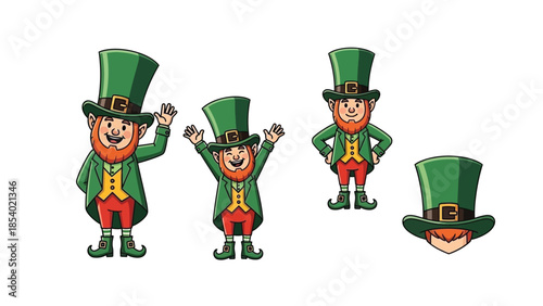 Four cartoon leprechauns in green hats and jackets, celebrating St. Patrick's Day with festive poses.