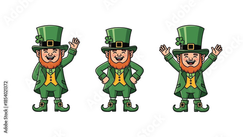 Three cartoon leprechauns wearing green outfits and hats, each with a different pose, celebrating.