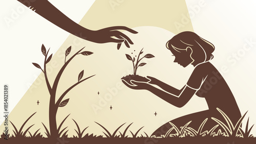 Female silhouette with a sprout and a natural landscape