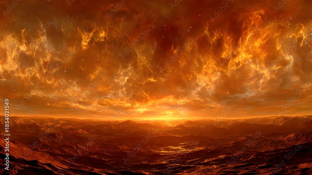Fototapeta premium Fiery Sky Over a Turbulent Red Planet Landscape With Intense Sunset Glow