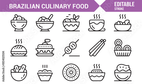 Modern Brazilian cuisine editable outline icons for food design