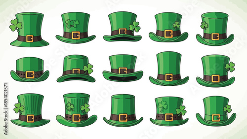 Collection of green St. Patrick's Day hats with shamrocks.