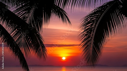 Tropical sunset with palm trees ocean.