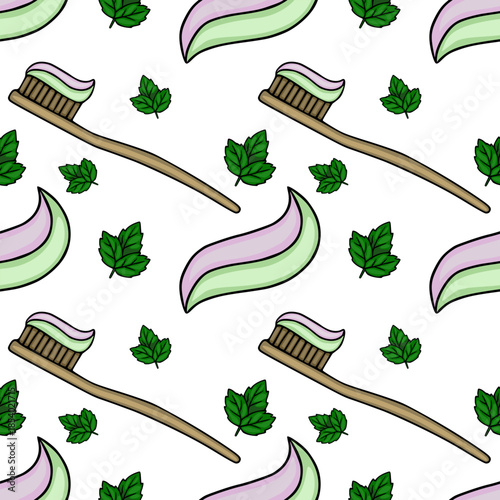 Seamless vector pattern featuring bamboo toothbrushes with two-tone mint toothpaste and fresh green leaves on a clean white background for eco-friendly dental care themes.
