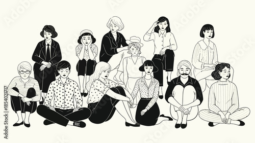 Illustration of a diverse group of people sitting and standing together in a simple, monochrome style.