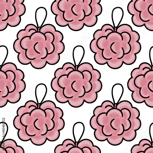 A repeating vector pattern of soft pink bath poufs with black outlines, creating a clean and modern background for beauty and hygiene themes.