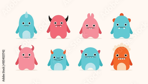 A collection of eight cute, colorful, cartoon monsters with simple designs and friendly expressions.