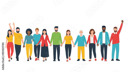 Diverse group of people holding hands, symbolizing unity, community, and togetherness in a collaborative environment.