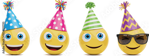 Fun yellow emoji character set wearing colorful polka dot and striped party hats for birthday celebrations and festive events