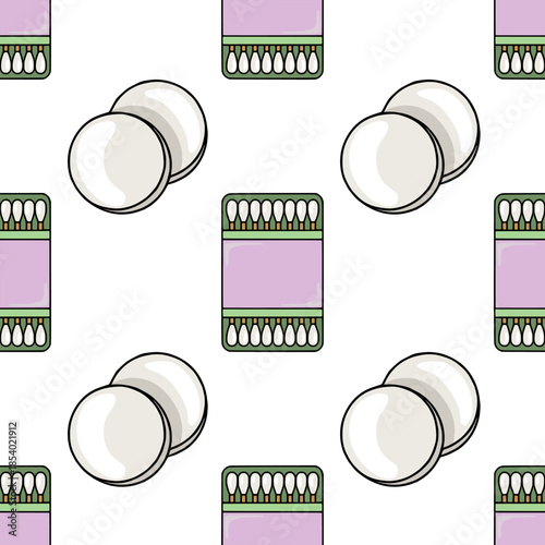 Seamless vector pattern of cotton pads and cotton swabs in a box, featuring a clean, minimalist aesthetic with pastel accents.