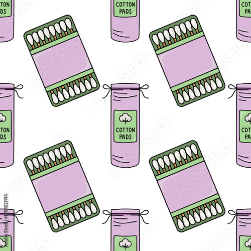 A charming seamless vector pattern featuring pastel purple containers of cotton pads and cotton swabs, with a simple line art cotton icon and text labels.