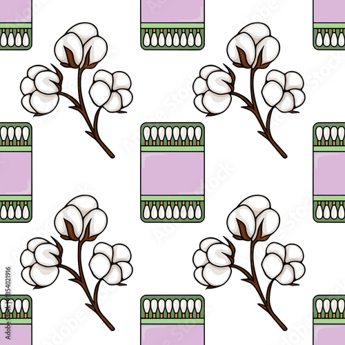 Seamless vector pattern featuring fluffy cotton bolls and a box of cotton swabs with a pastel purple accent, rendered in a clean, illustrative style.
