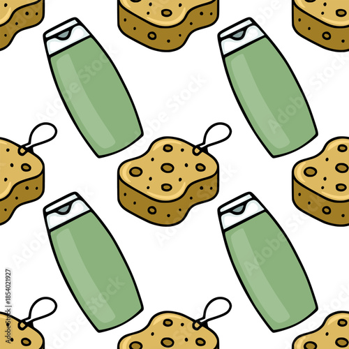 Seamless vector pattern of cartoon-style bath sponges and green lotion bottles with black outlines on a white background.