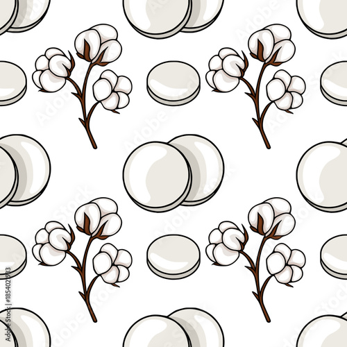 Seamless vector pattern of fluffy cotton bolls and round cotton pads on a white background, evoking a sense of purity and natural softness.