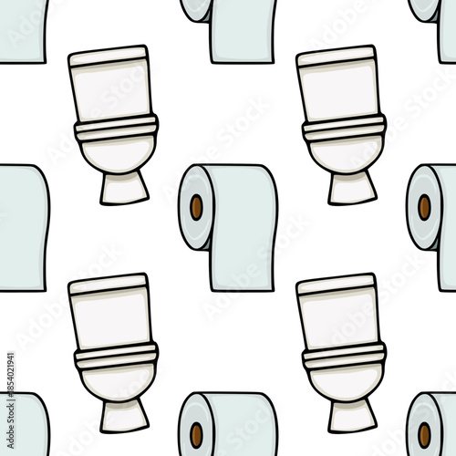 Seamless vector pattern of cartoon toilet paper rolls and toilet bowls, with a clean and minimalist aesthetic.