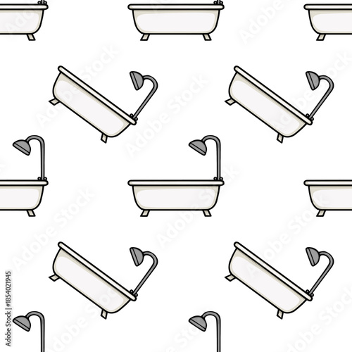 Seamless vector pattern featuring a repeating arrangement of stylized white bathtubs with chrome fixtures and showerheads, on a clean white background.