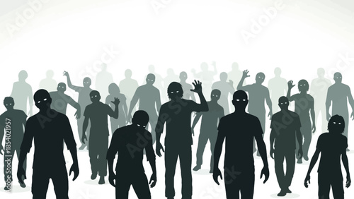 Silhouette of a crowd of zombies walking forward with arms outstretched.