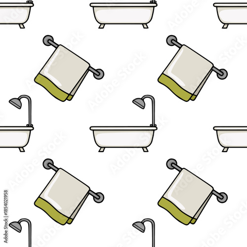 Seamless vector pattern of minimalist bathtubs and towels with shower heads, evoking a clean and functional bathroom aesthetic.