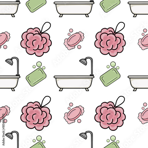 Seamless vector pattern featuring a charming collection of bathroom essentials including bathtubs, soap bars, and fluffy bath poufs, rendered in a playful, cartoonish style with a soft pastel color...