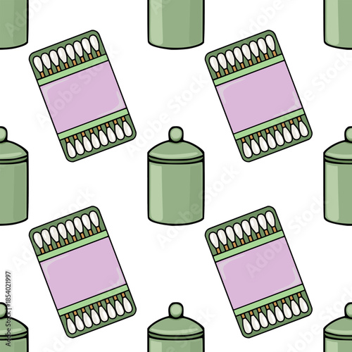 This is a seamless vector pattern featuring hand-drawn style illustrations of cotton swabs in pink and green packaging alongside sage green apothecary jars on a clean white background.