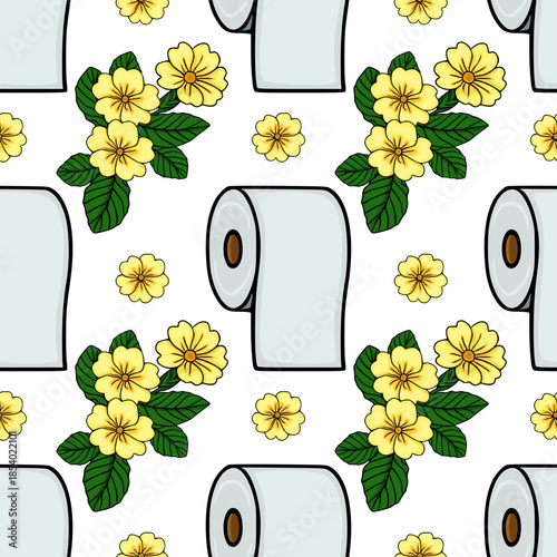 Seamless vector pattern featuring light blue toilet paper rolls interspersed with clusters of bright yellow primrose flowers and single blooms against a white background.