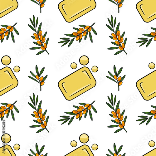 Seamless vector pattern featuring vibrant orange sea buckthorn berries on green branches alongside golden soap bars and frothy bubbles.