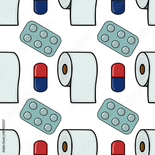 Seamless vector pattern featuring cartoon-style toilet paper rolls, blister packs of pills, and individual red and blue capsules against a clean white background.