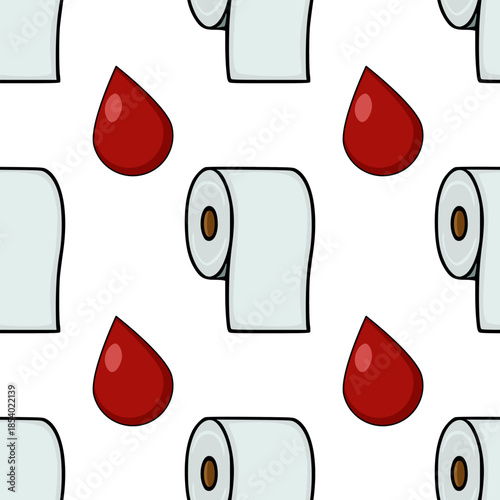 Seamless vector pattern featuring stylized toilet paper rolls and red teardrop shapes against a white background.