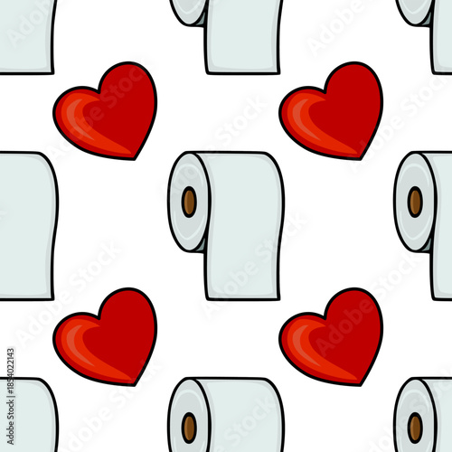 Seamless vector pattern featuring red hearts and toilet paper rolls on a white background, ideal for hygiene or Valentine's themes.