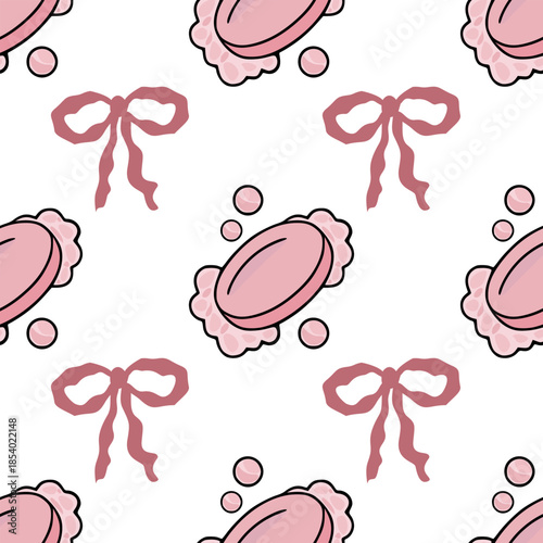 Seamless vector pattern of pink soap bars with bubbles and bows, evoking a clean and playful aesthetic.