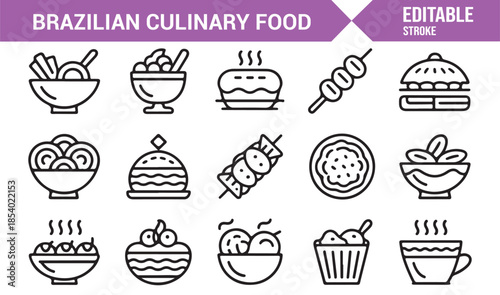 Brazilian traditional dishes and beverages outline icons for menus