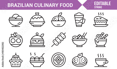 Brazilian food and gastronomy symbols in editable outline style