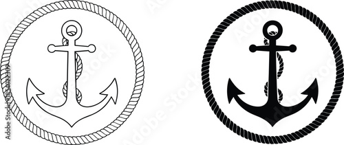 Nautical marine anchor vector set with rope circular border in black silhouette and thin line art style illustrations