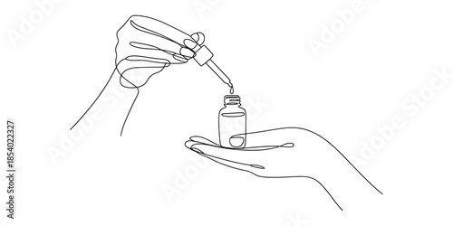 Continuous line drawing of hands with dropper and bottle