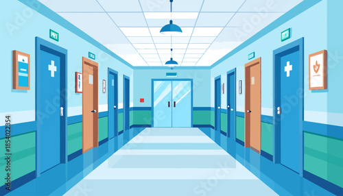 Hospital corridor with doors and medical symbols