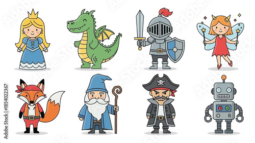 Collection of eight cartoon characters including a princess, dragon, knight, fairy, fox, wizard, pirate, and robot.