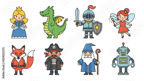 Cartoon characters: princess, dragon, knight, fairy, fox, pirate, wizard, robot.