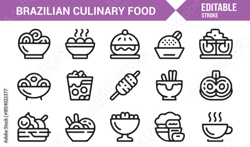 Brazilian culinary food editable outline icons set for restaurant design