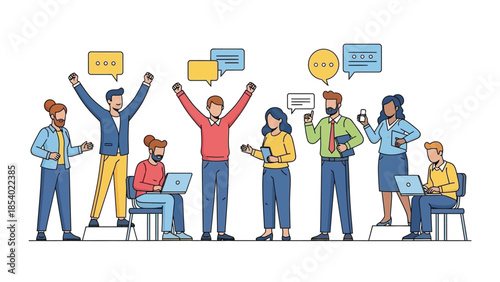 A diverse group of people are communicating and collaborating in a lively business meeting.