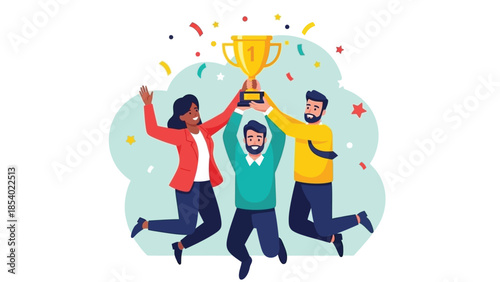 A diverse group of three people joyfully celebrating a victory while holding a golden trophy aloft amidst a shower of confetti.