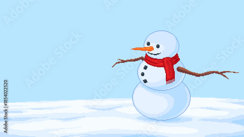 Pixel art snowman with scarf standing on the right side in snowy landscape. Soft pastel winter scene with open space for text or design elements. Ideal for holiday greetings and seasonal layouts.