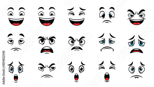 Cartoon faces showing different emotions, including happiness, anger, sadness, and surprise.