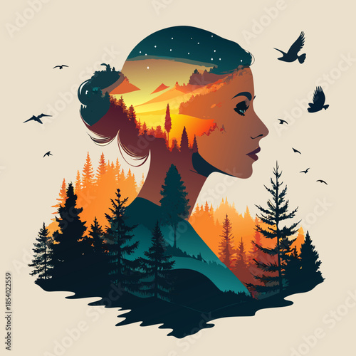 Female silhouette with forest and sunset in double exposure style - artistic illustration