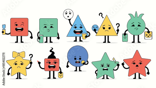 Cartoon shapes with various expressions, holding objects, and displaying emotions, representing different moods.