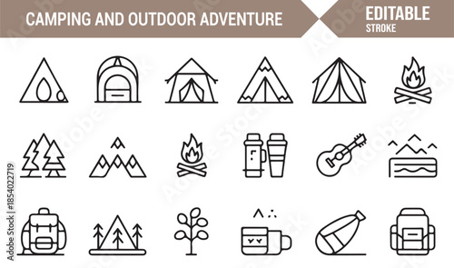 Adventure travel camping and hiking equipment outline icon pack