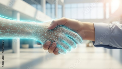 Human and robotic hands shaking in modern office space with glowing blue network connections