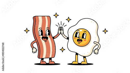Cartoon illustration of bacon and egg characters giving a high five, celebrating breakfast.